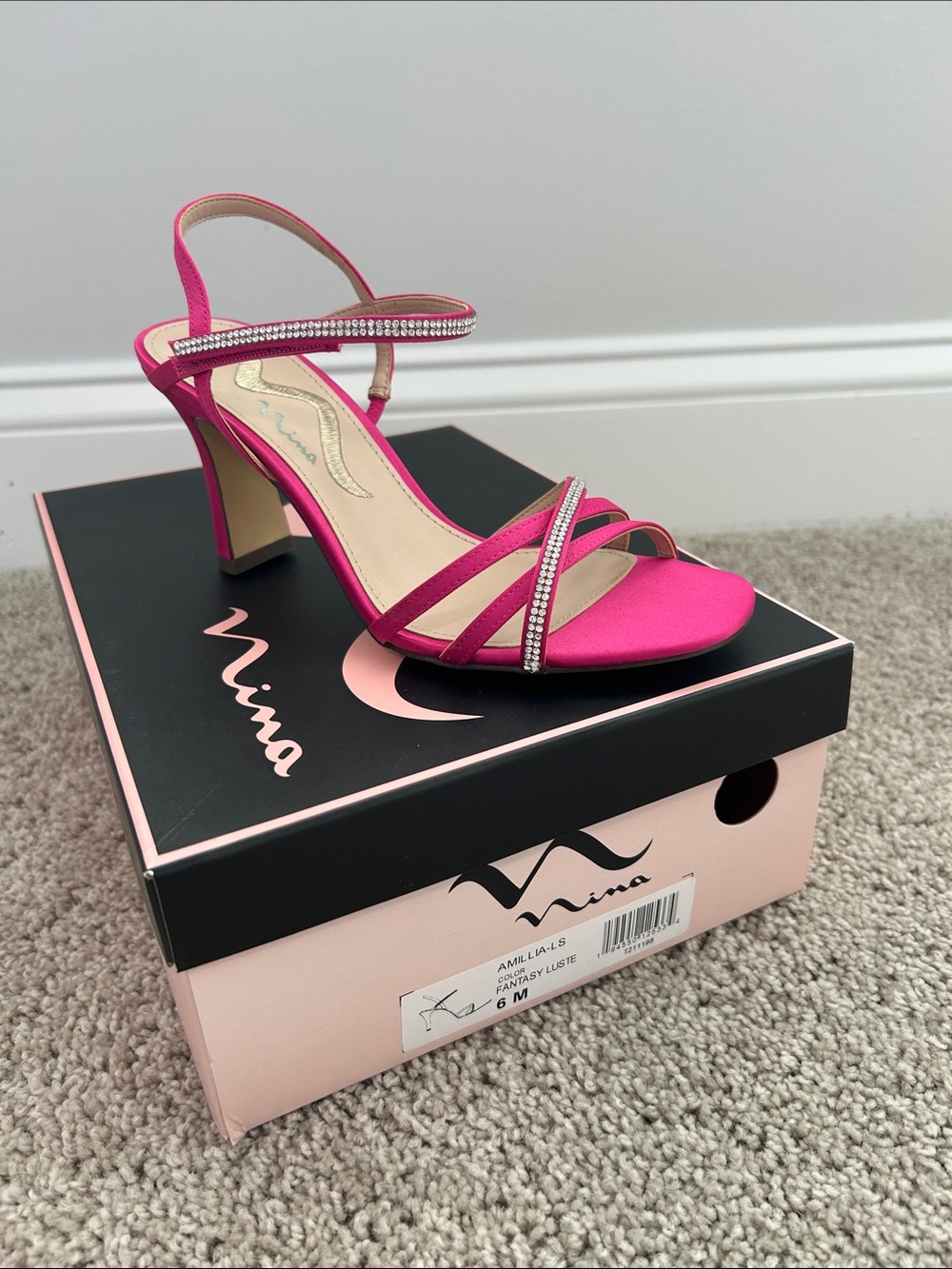 Nina Fuchsia Satin Crystal-Strap Block Heel Sandal